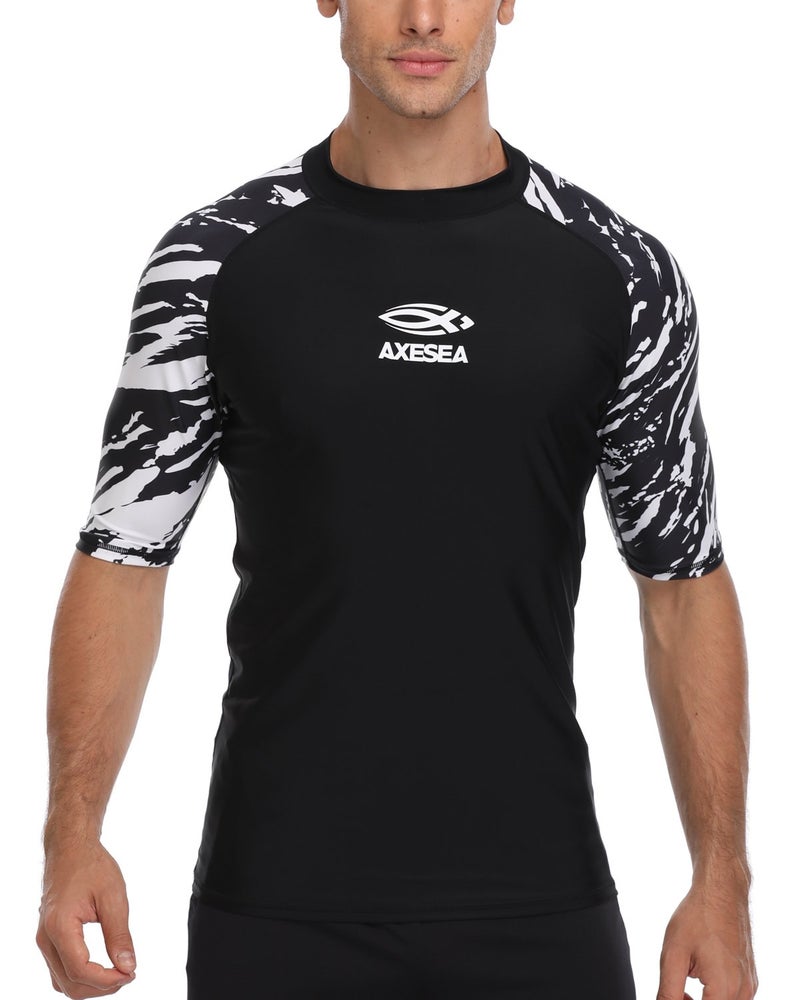 AXESEA قميص سباحة للرجال بأكمام قصيرة AXESEA لحماية من الشمس بلون موحد UPF 50+ (XXL، أسود) - Image 1